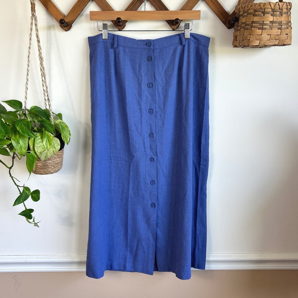 Vintage Requirements Blue Button Front Midi Skirt Elastic Waist Size 16 Cottage